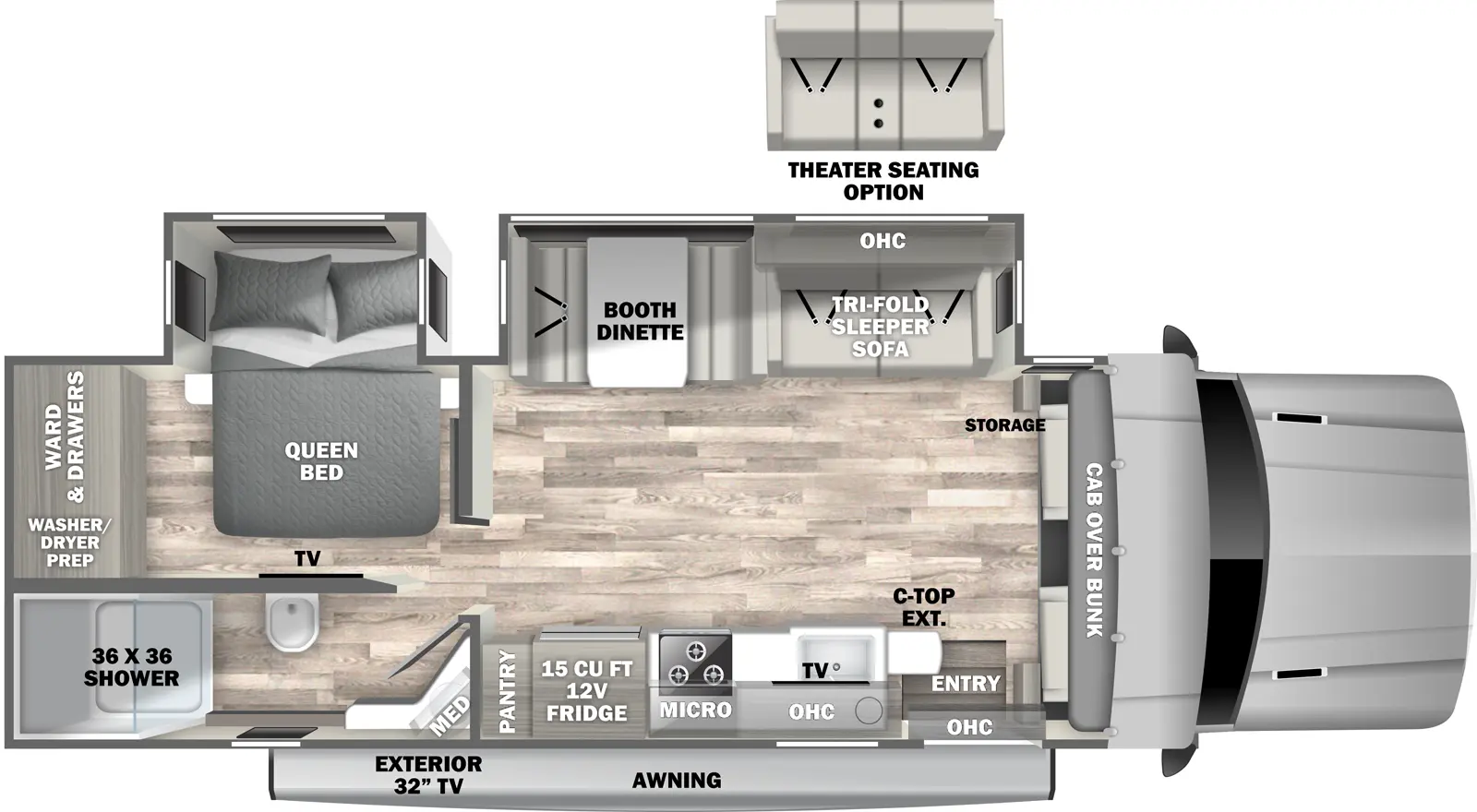 The isata 6 30FW floorplan has one entry and two slide outs. Exterior features include: 16' awning and outside entertainment. Interiors features include: bunk over cab.